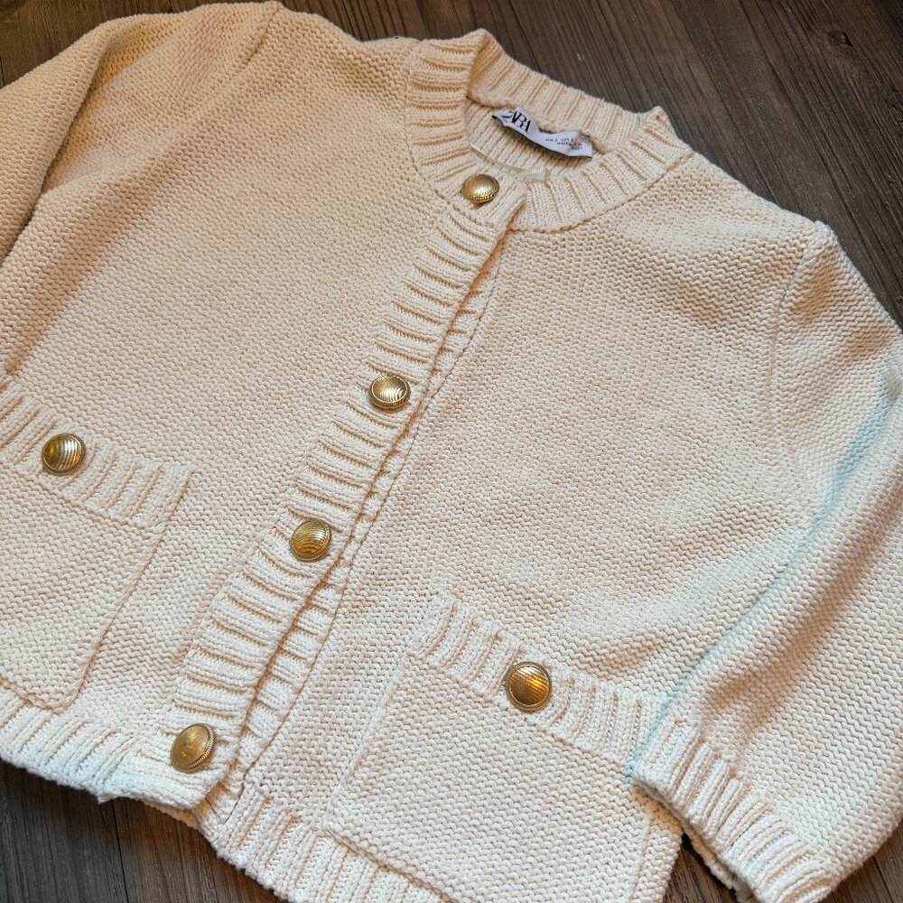 ZARA Cream Nude Gold Button Pocket Cable Knit Cardigan - Small